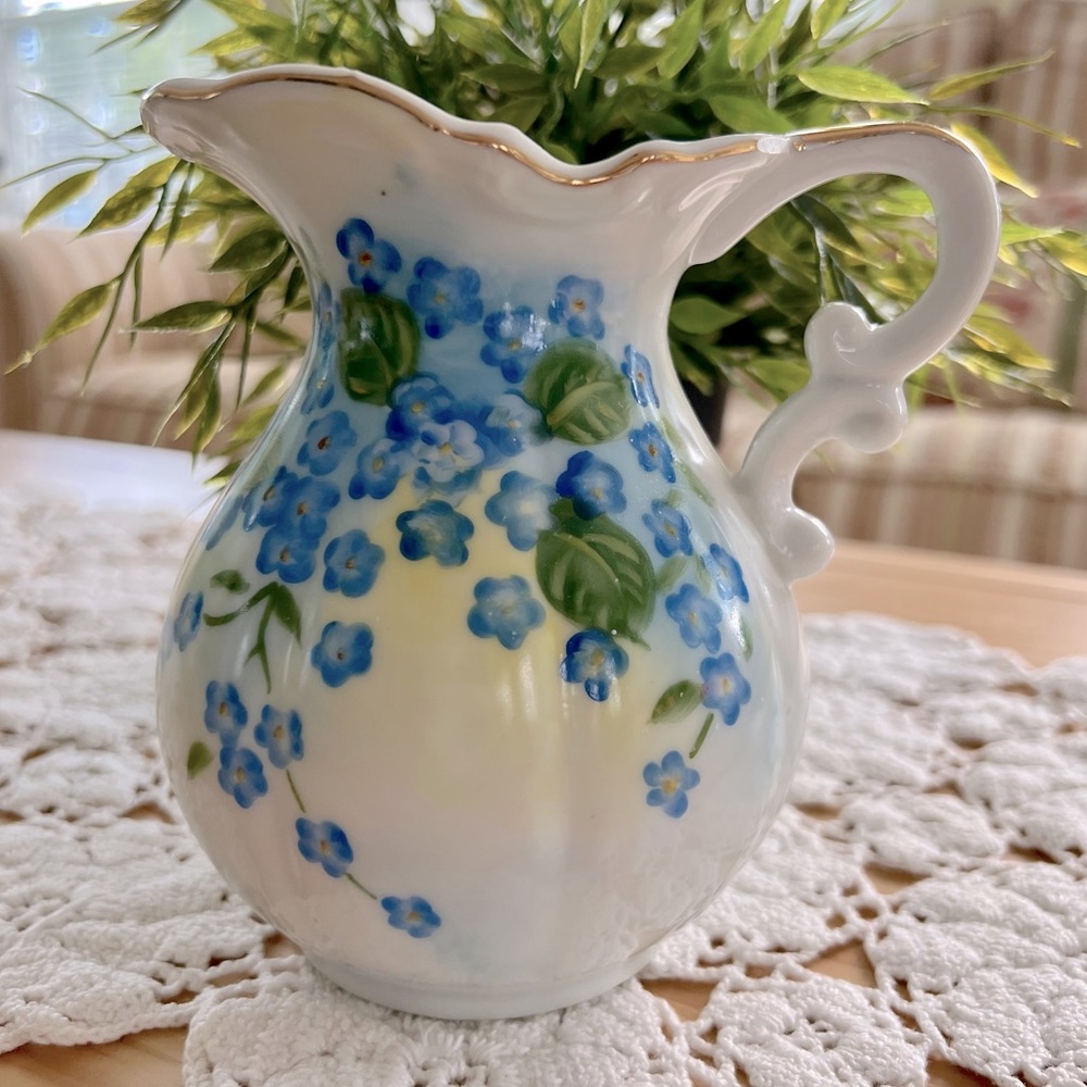 Gorgeous Vintage Lefton China Pitcher ~ Blue Yellow Forget Me Not Flowers SL4189